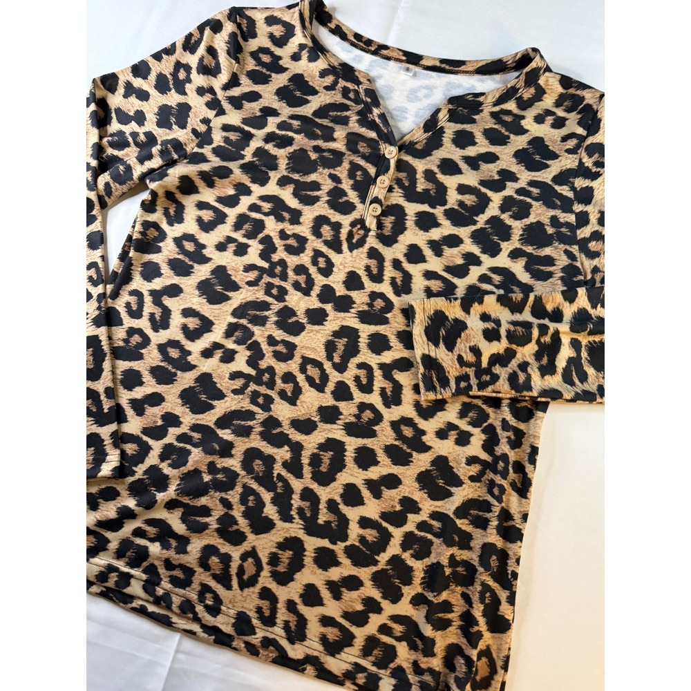 Womens Leopard Print Long Sleeve Henley Shirt Tan Black Animal Pattern Top Small